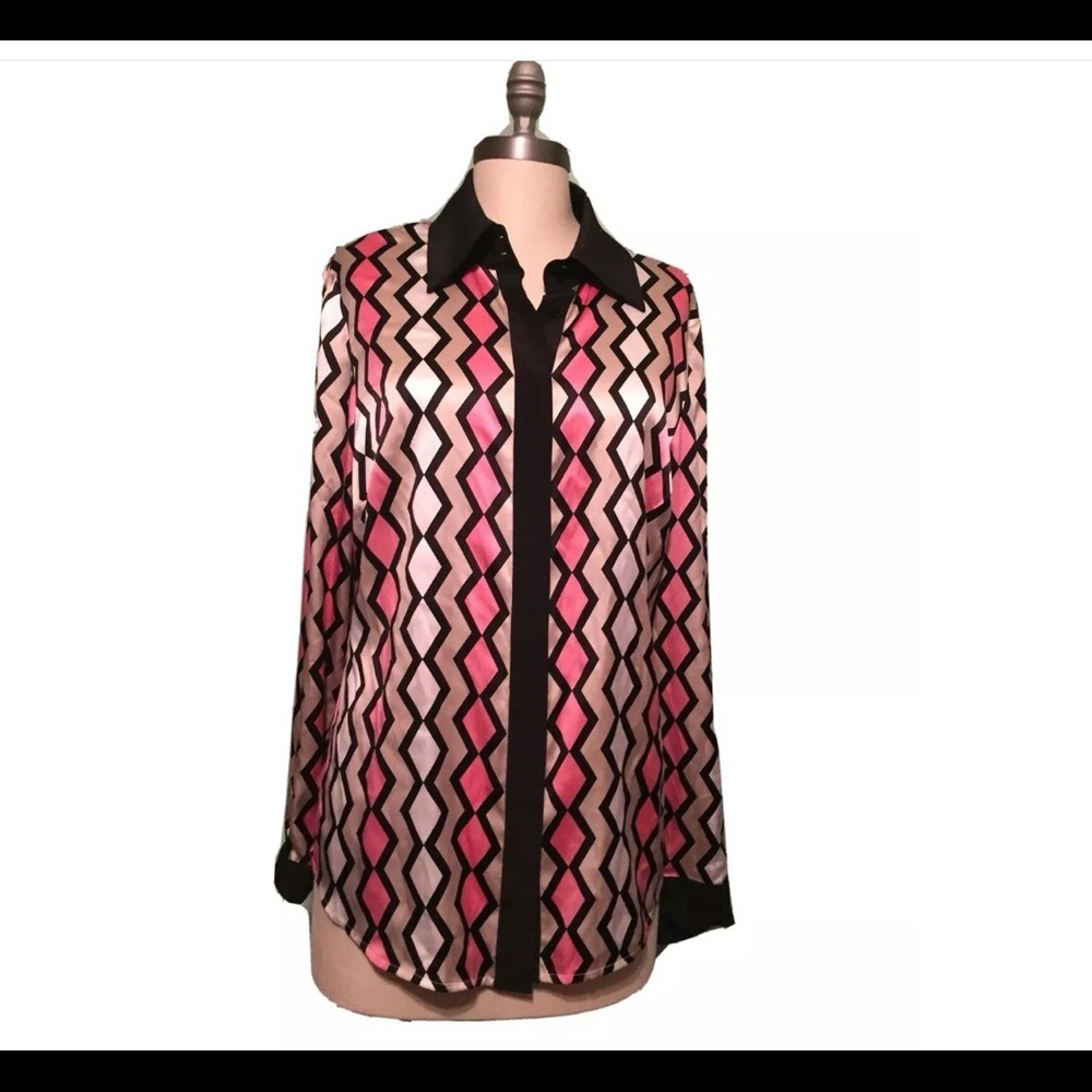 Perse multi color women’s long sleeves button up silk blouse size 12